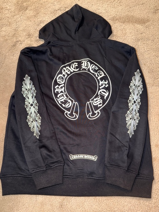 Chrome Hearts Black Zip-Up Hoodie Jacket with Light Blue Sleeve Graphics - Picture 2 of 7